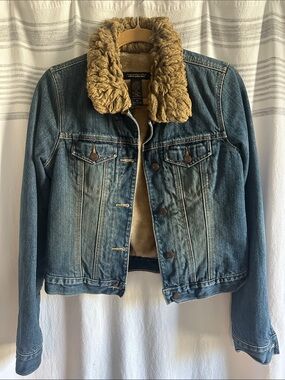 Abercrombie & Fitch Blue Denim Jacket with Tan Faux Shearling Collar